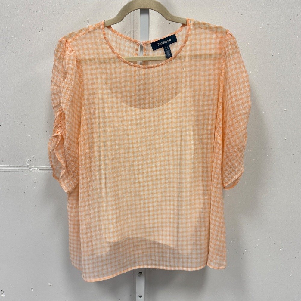 Modcloth Sz 1X Countryside is Calling Plaid Gingham Chiffon Blouse Ruched Sleeve